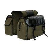 Motorcycle saddle bag with textile, leather decorations, durable stitching, large pockets. Perfect for fitness and boxing gear storage.